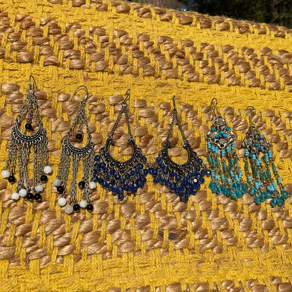 3 Pairs of Vintage Indian Bohemian Beaded Dangle Earrings